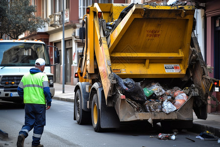 绿色废料垃圾车与环卫工人背景