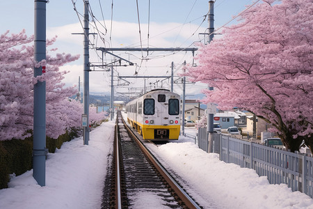春天京都樱花树下的火车图片
