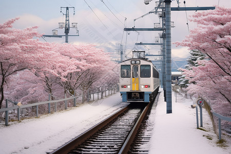 大阪京都大阪樱花树下的火车背景