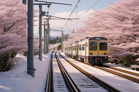 京都樱花树下的火车高清图片