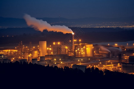 工厂烟囱冒着白烟城市天际线夜景图片