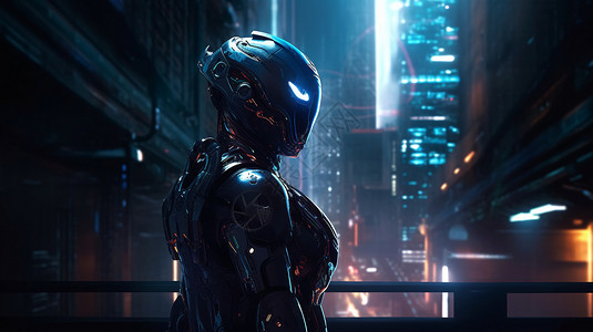 科幻机器人在高高耸立在霓虹灯般的城市景观前背景图片