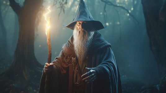 木头特写神奇森林里的一位巫师拄着拐杖插画