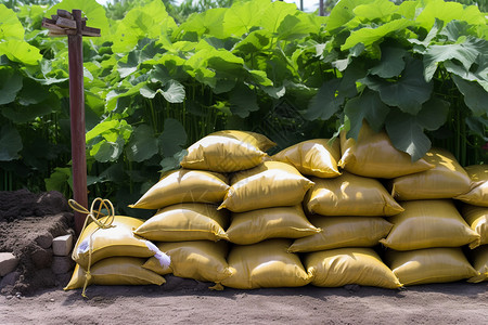 花园里堆有机肥料袋高清图片