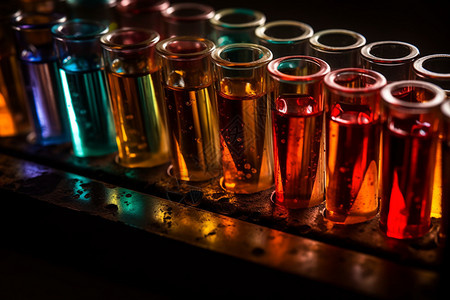 酒容器试管中五颜六色的液体设计图片