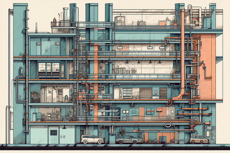 建筑结构设计结构框架管道系统分布插画