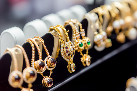 一堆钻石珍贵的黄金珠宝项链背景