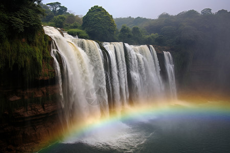 彩虹与瀑布嬉戏的奇观背景图片