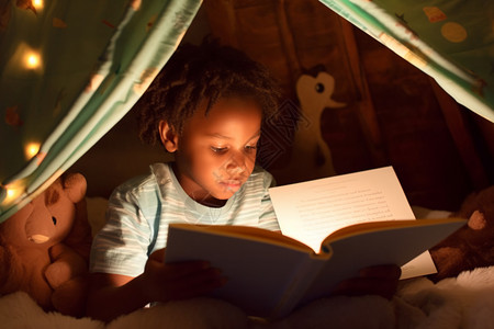 儿童在阅读睡前故事图片