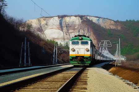 绿白相间的火车正沿着山路行驶图片
