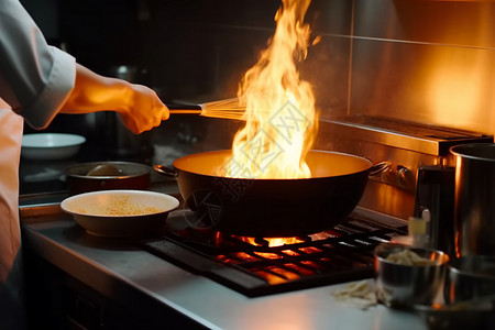 灶台炒菜在餐厅的煎锅上烹饪食物背景