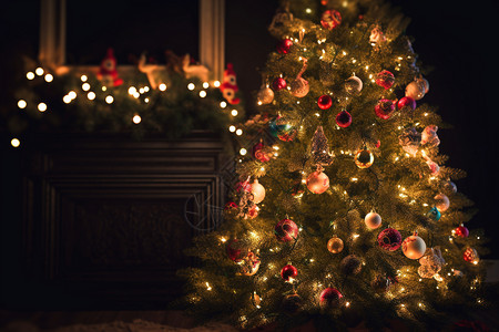 带有灯光和装饰的圣诞树背景图片