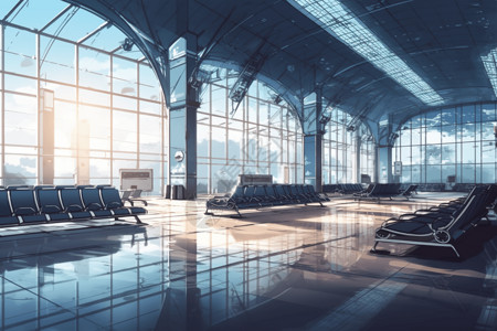 机场设计机场候机室的未来场景插画