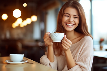 年轻漂亮的女孩在咖啡馆喝咖啡图片