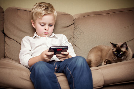 猫和手机坐在沙发玩游戏机的小男孩背景