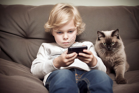 猫和手机小男孩玩游戏背景