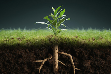 绿色植物在土壤下的根茎图片