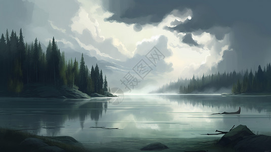 阴暗天空平静的湖面景观插画