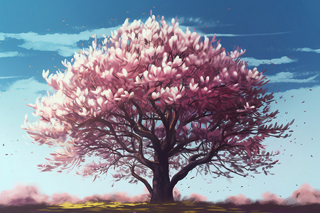 一棵开花的树蓝天下盛开的木兰树插画