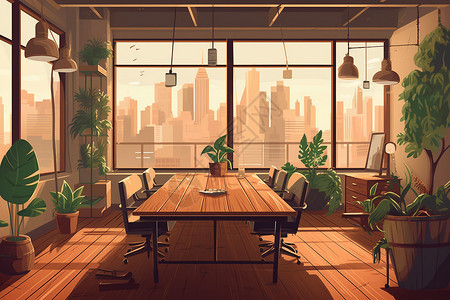 餐厅窗外木制风格会议室插画