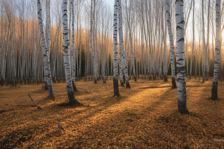 漫天落叶的白桦林背景图片
