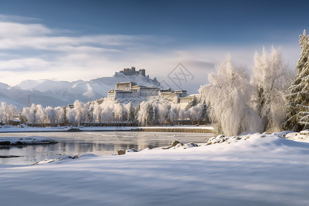 小雪时节城堡冬天的雪景背景