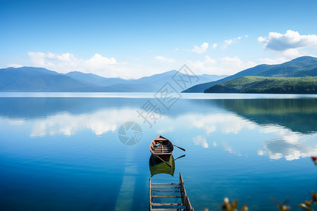 湖水小船在湖面上泛舟背景