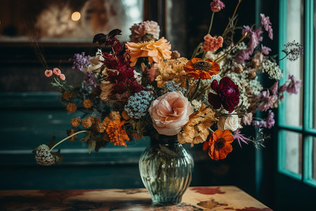 一束美丽的花卉在花瓶中背景图片