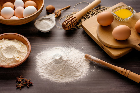 鸡蛋小麦粉厨房桌子上的烘焙工具背景
