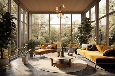 金色的阳光沐浴在舒适座椅的室内空间高清图片