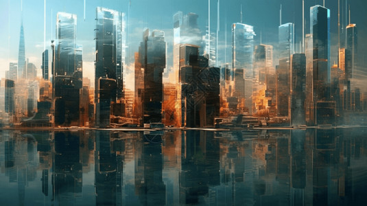 建筑水中倒影科技智慧城市影像设计图片