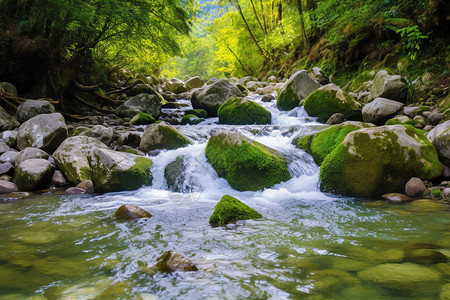 在小溪沉思在岩石旁经过的溪流背景