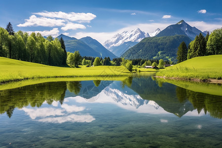 河流雪山草原树林图片