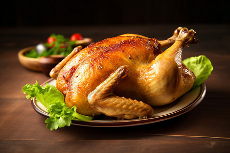 年夜饭烤全鸡一盘美味新鲜的烤全鸡背景