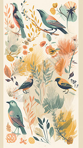 鸟类、动物和植物为特色的插图图片