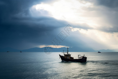 宁静海平面一只渔船图片