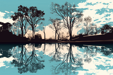 水中反射的树木图片