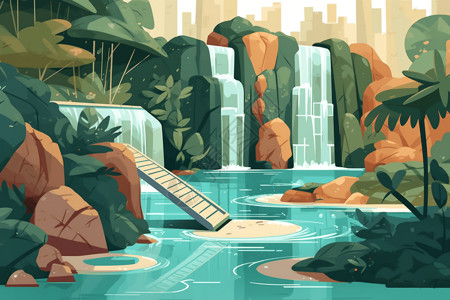 大滑梯瀑布的水池平面插图插画