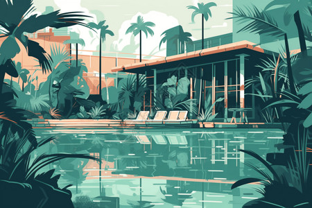 热带泳池场景背景图片