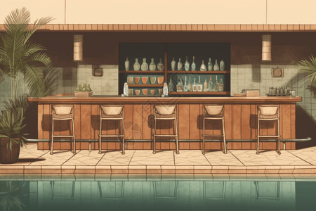 游泳池旁的现代酒吧背景图片