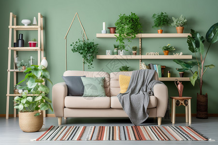 现代客厅中的绿色植物背景图片