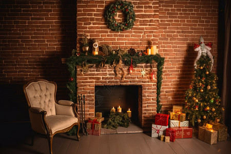 壁炉边的圣诞树背景图片