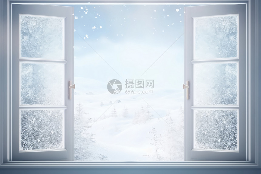 窗框外部的雪景图片