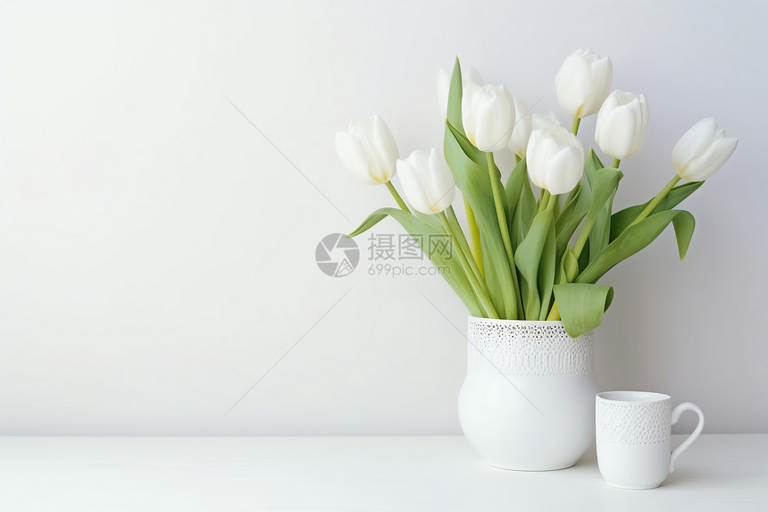 白色背景下的白色郁金香图片