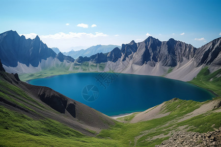 蓝天的沿山环湖高清图片