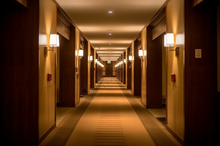 房门打开木质装修的酒店走廊设计图片