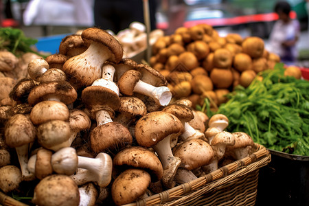 美食市场新鲜采摘的蘑菇背景