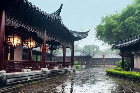 雨中古典庭院背景图片