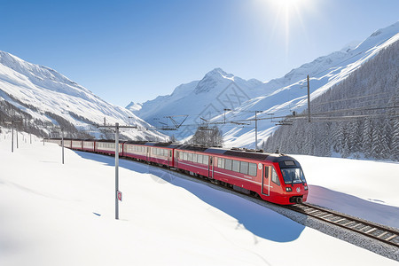 火车雪山雪山中行驶的旅客列车背景