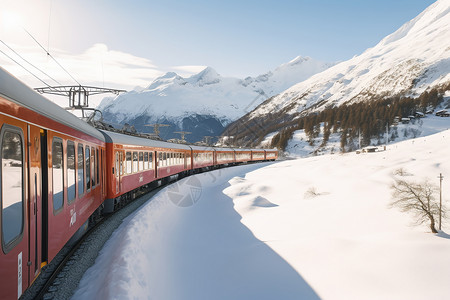 火车雪山冬季雪山下的旅客列车背景